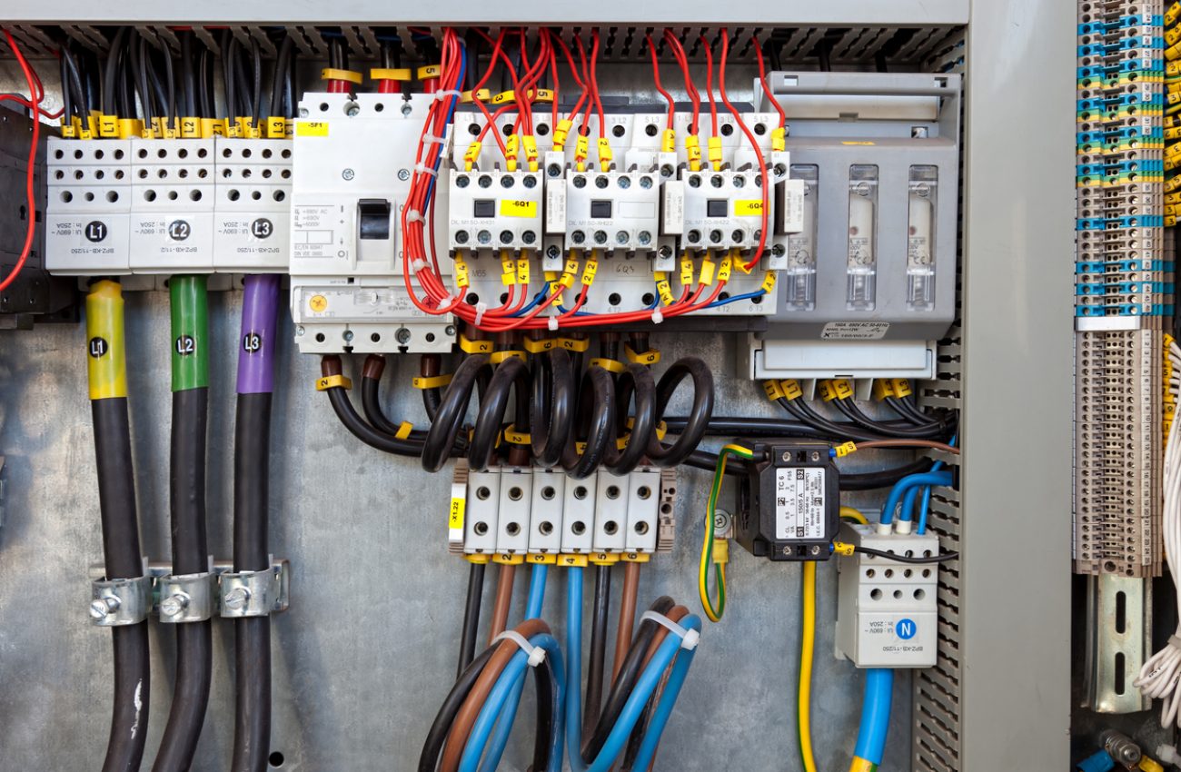 Electrical panel at a assembly line factory. Controls and switches.