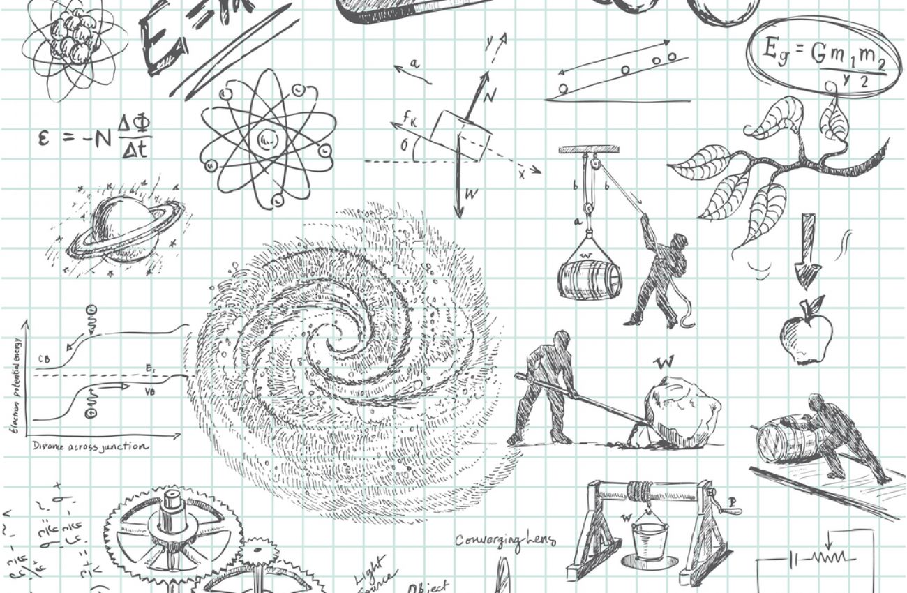 Hand-drawn doodle pencil sketch of various physics subject matter. Includes: atoms, earth, E=Mc2, magnet, Newton's 2nd Law, galaxy, lever, pulley, winch, inclined plane, gears, optics, electrical calculation, Law of Gravity, pendulum, etc. All images are grouped and on separate layers making for easy changes. Graph paper on layer that can be easily removed. XL 5000x5000 jpeg included.